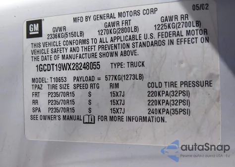 2002 Chevrolet S-10 from USA, damaged, VIN 1GCDT19WX28248055